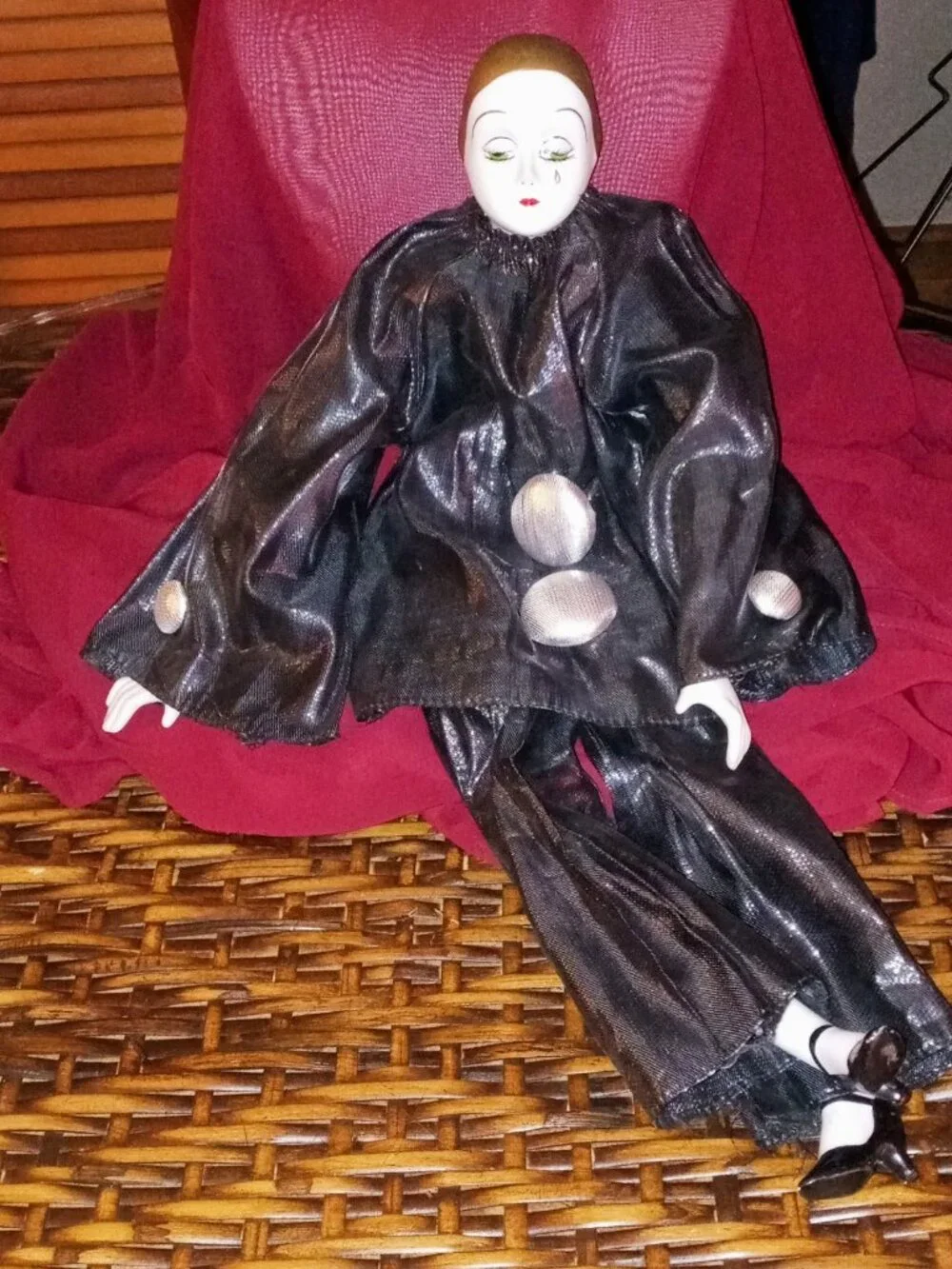 Stunning Vintage Pierrot Porcelain Clown Doll Black Silver Costume Teardrop Face